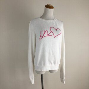 WILFOX White Pink IN LOVE Heart Print Long Sleeve Pullover Sweatshirt Shirt